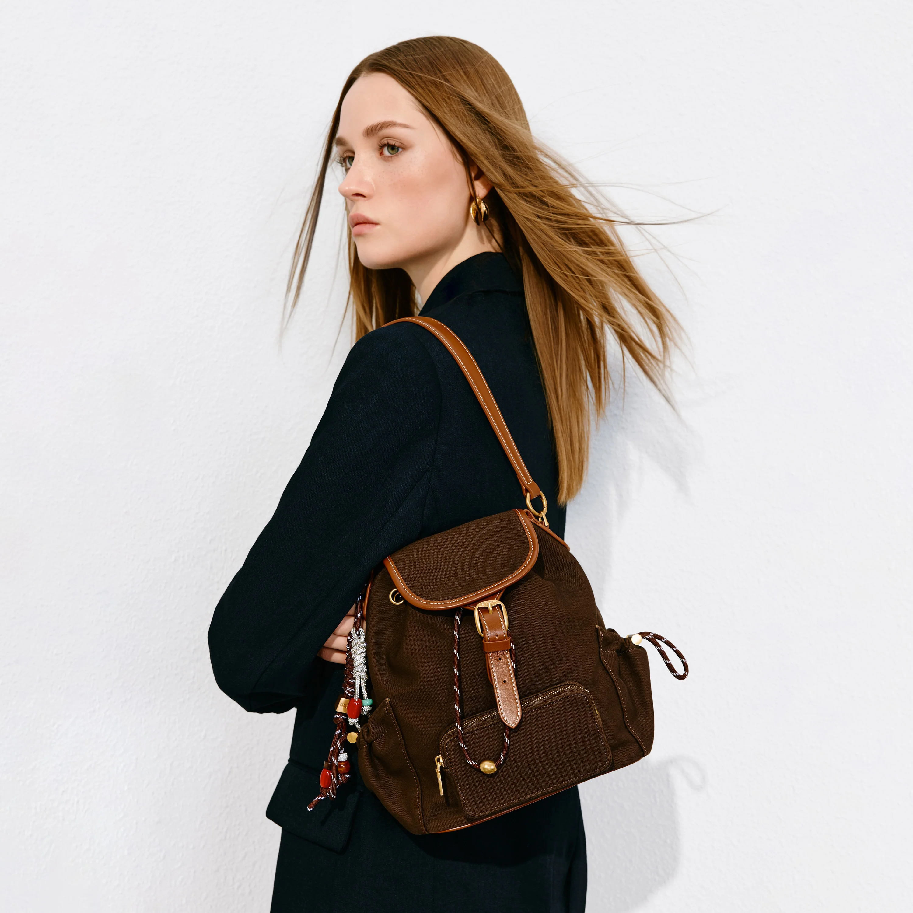 Backpack -  Vintage Backpack with Leather Trim X8389 - Image 8