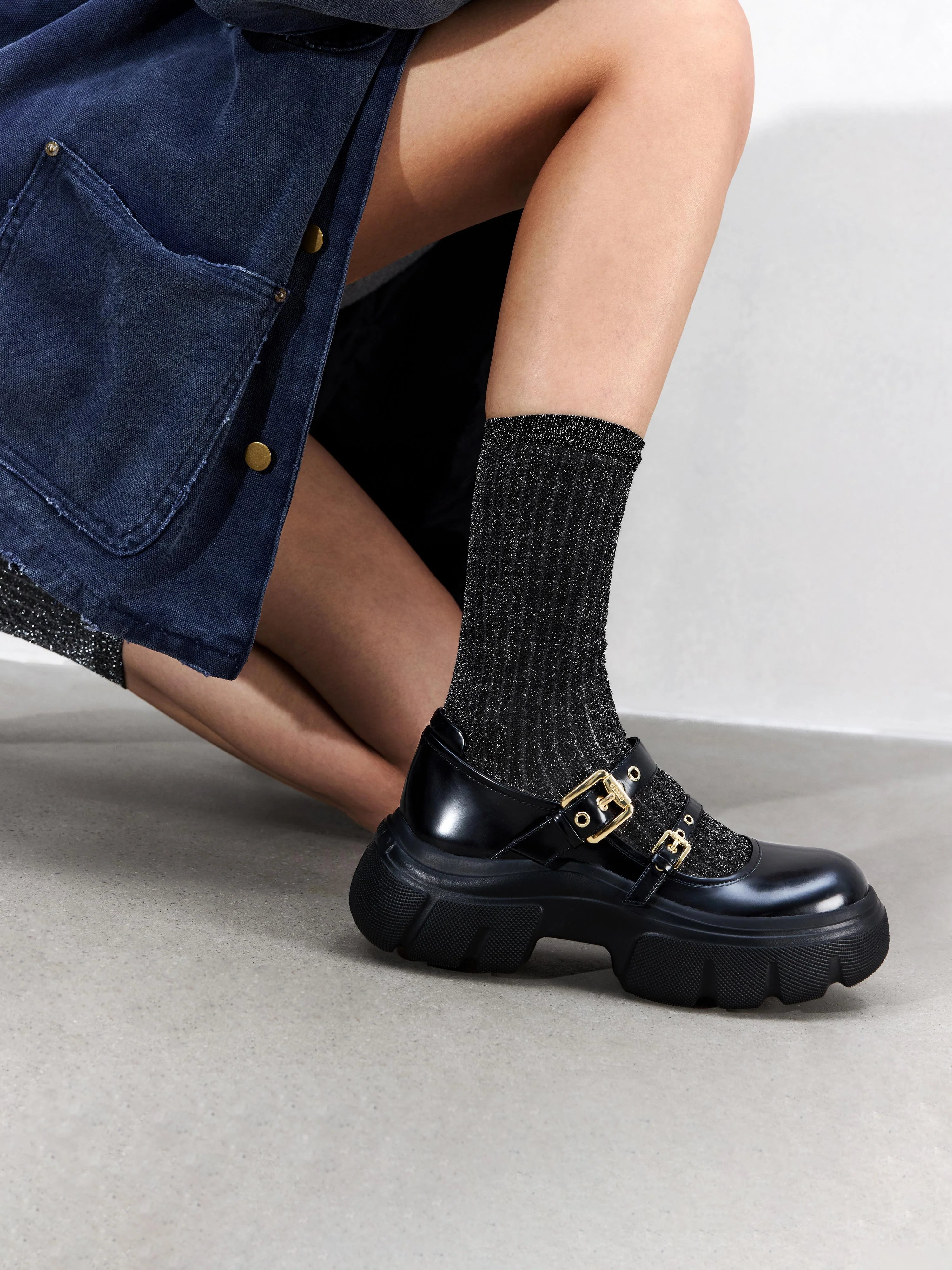 Mary Jane - Black Leather Metal Buckles Platform Mary Jane Sneakers ESF19 - Image 2