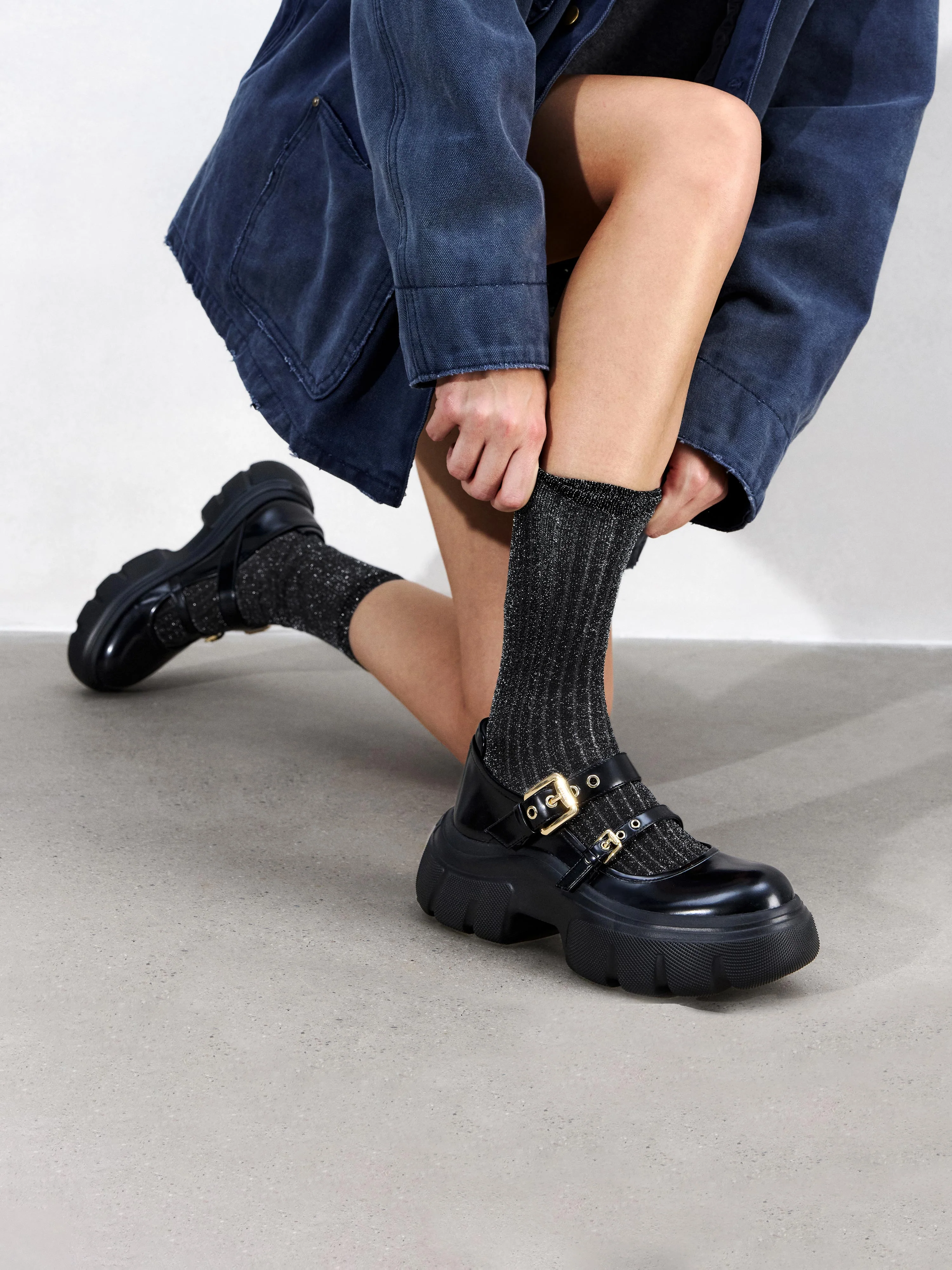 Mary Jane - Black Leather Metal Buckles Platform Mary Jane Sneakers ESF19 - Image 3