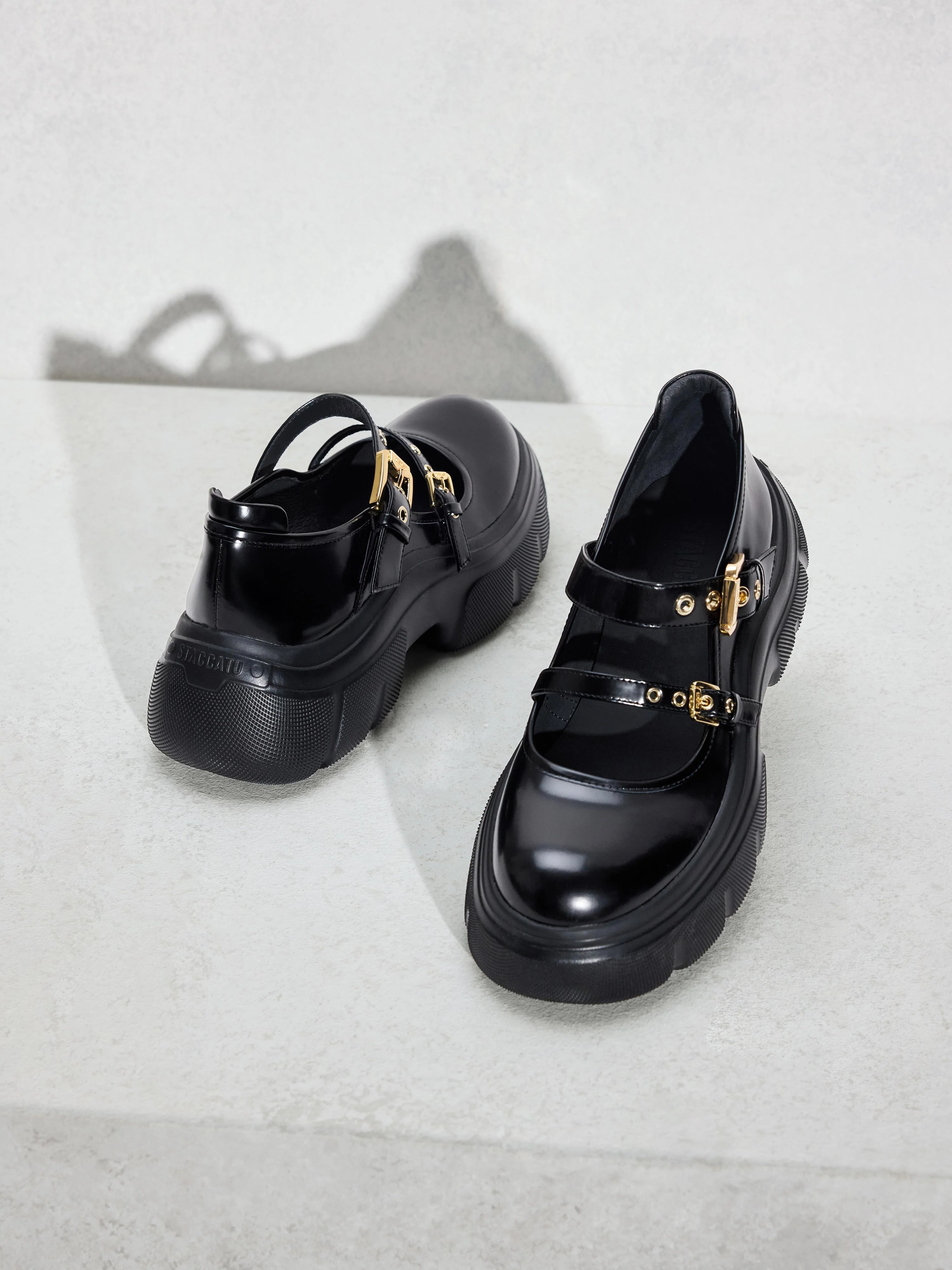 Mary Jane - Black Leather Metal Buckles Platform Mary Jane Sneakers ESF19 - Image 6