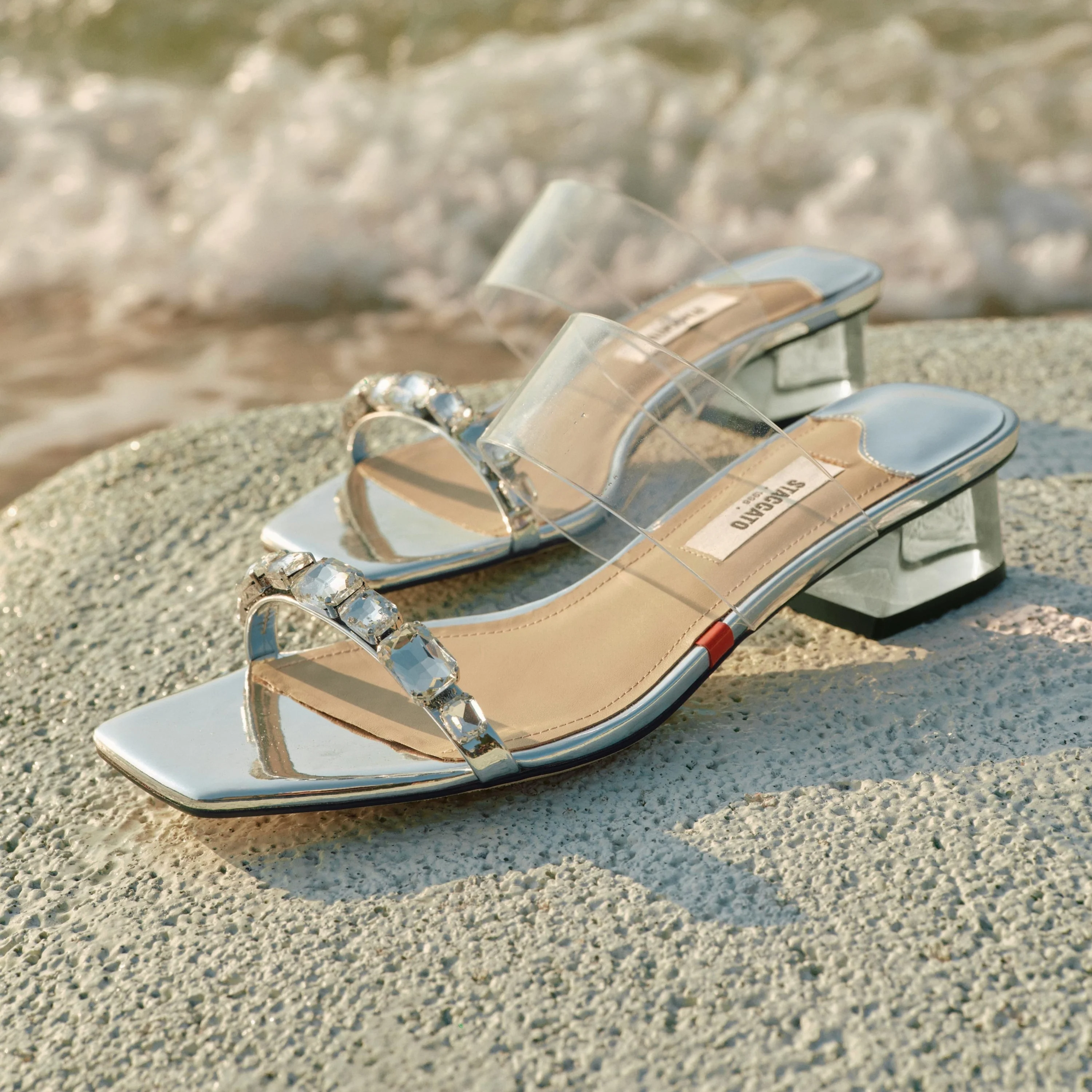 Sandals - Nude Patent Leather Crystal-Embellished Block Heel Slides EI409 - Image 6