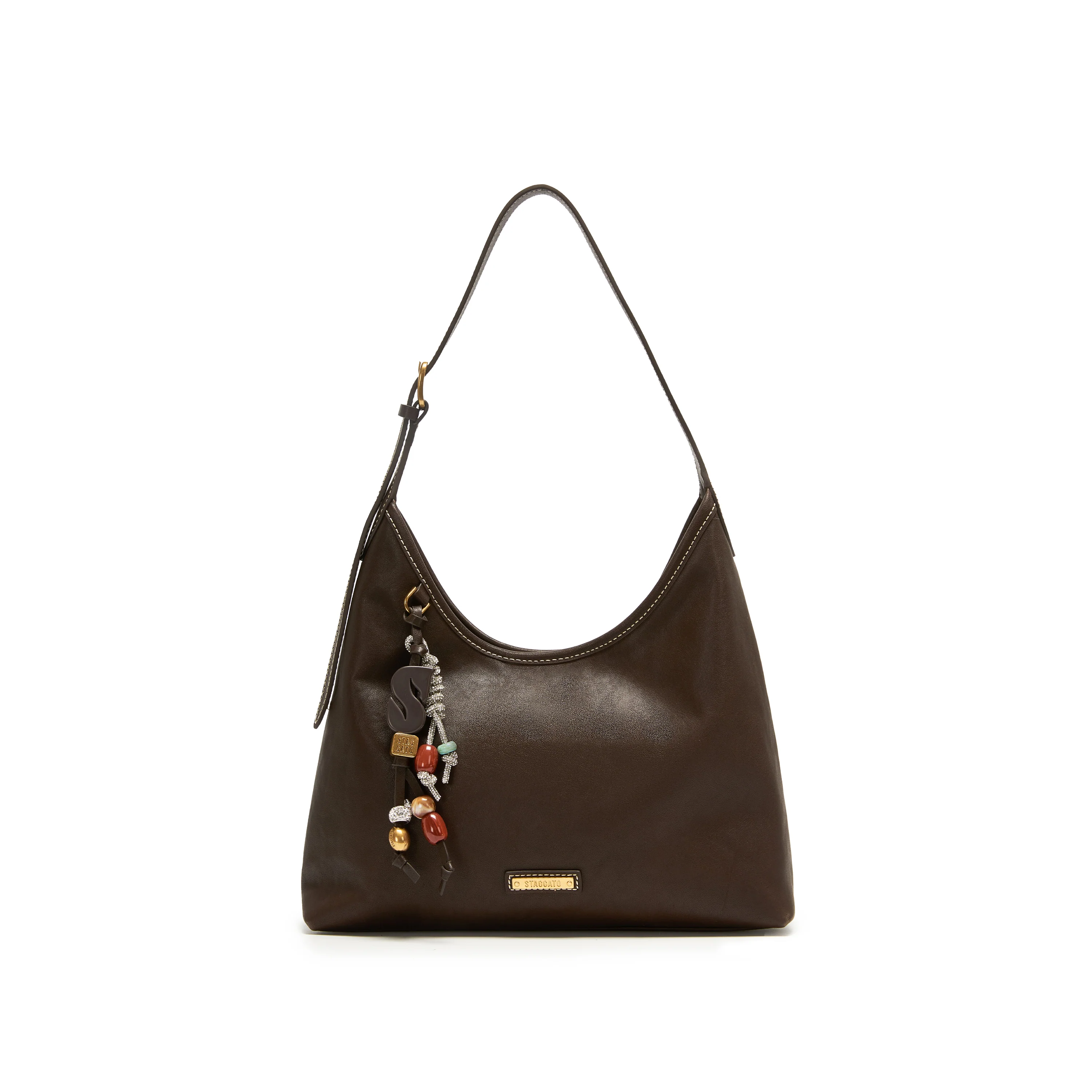 Shoulder Bag - Vintage Dark Brown Leather Hobo Bag with Beaded Charm X8349