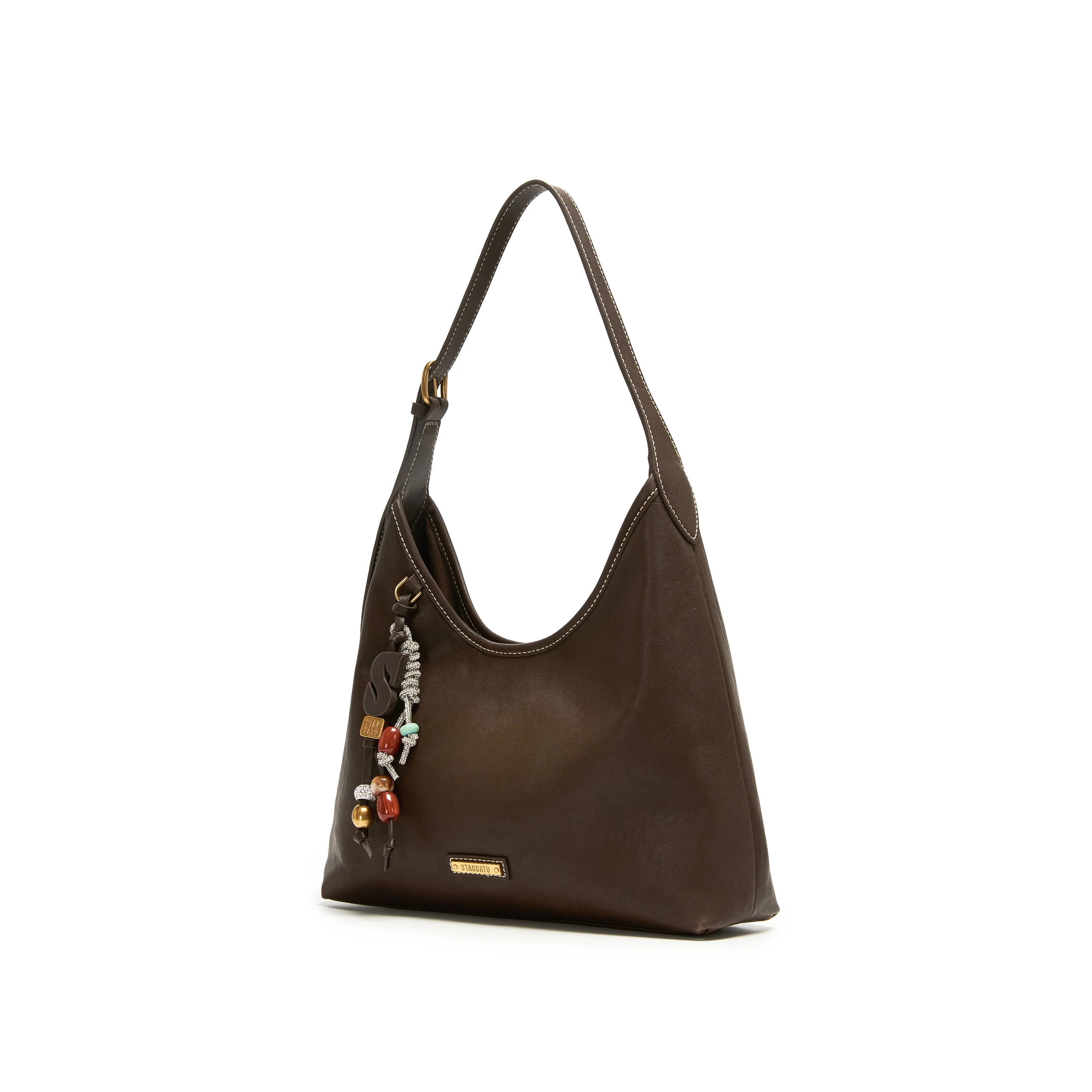 Shoulder Bag - Vintage Dark Brown Leather Hobo Bag with Beaded Charm X8349 - Image 2