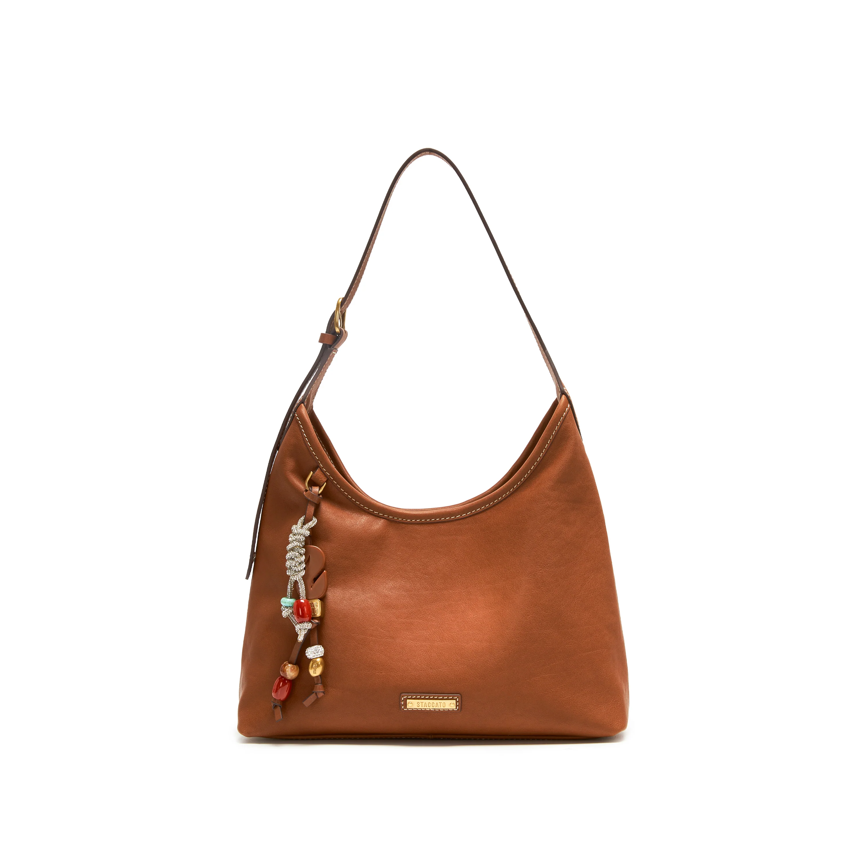 Shoulder Bag - Vintage Dark Brown Leather Hobo Bag with Beaded Charm X8349 - Image 7