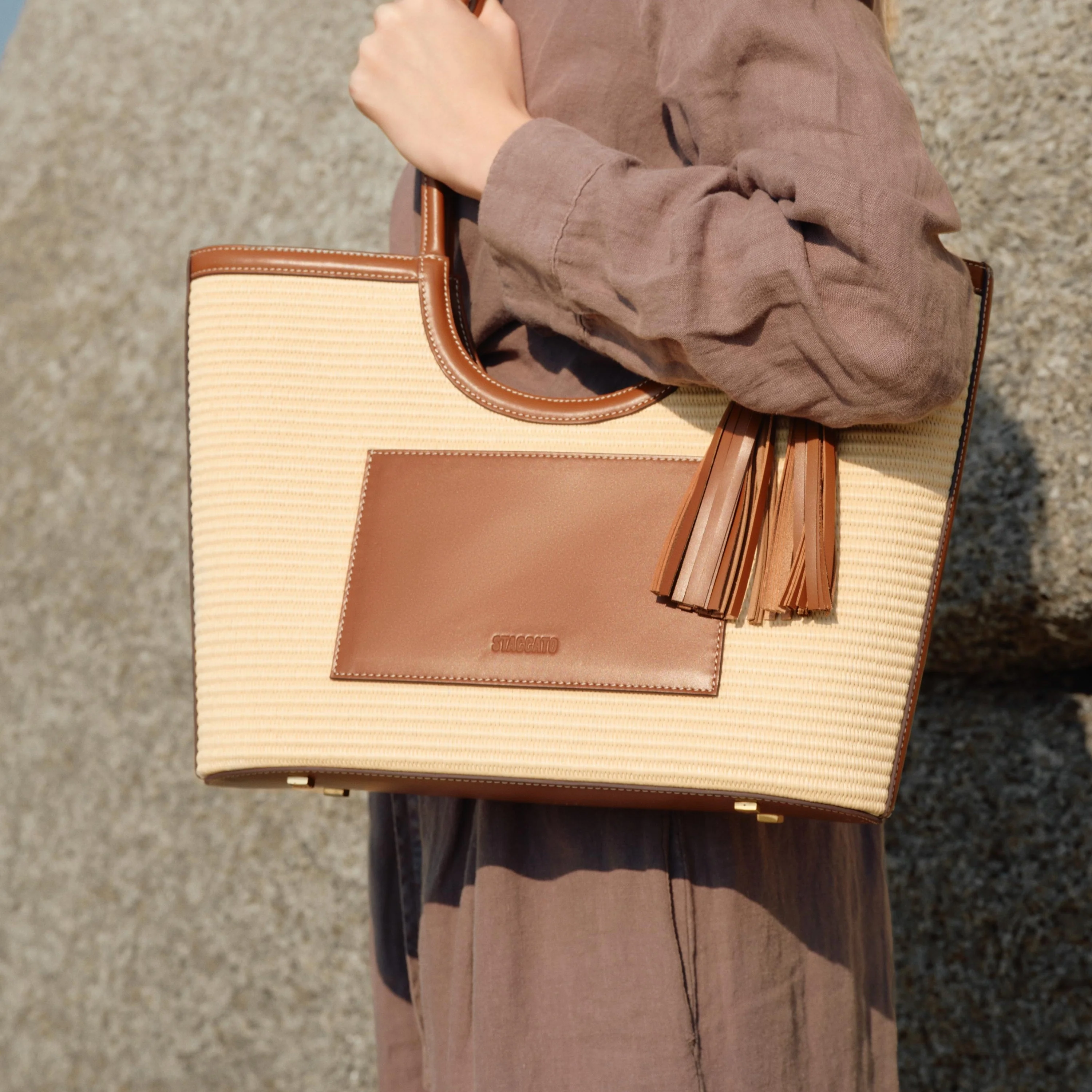 Tote Bag - Natural Woven Straw Multi-Pocket Shopper X8215 - Image 2